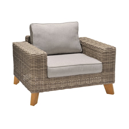 Armen Living Bahamas Outdoor Wicker & Teak Wood Lounge Chair with Beige Olefin LCBACHBR